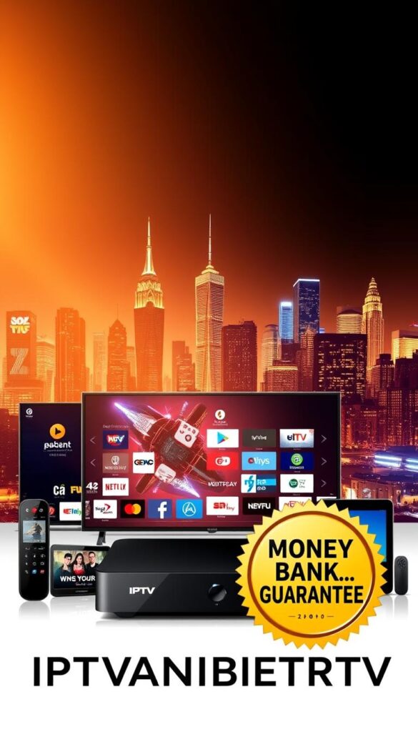 A vibrant and modern illustration of an IPTV service package with a money-back guarantee. In the foreground, a sleek IPTVANBIETERTV logo and a variety of streaming devices, such as a smart TV, smartphone, and tablet, showcasing the multi-device compatibility. The middle ground features an array of channel icons and logos, representing the extensive programming available. The background depicts a dynamic city skyline with glowing skyscrapers, conveying the high-tech, urban atmosphere of the IPTV offering. The lighting is warm and inviting, creating a sense of reliability and trustworthiness. The overall composition is balanced and visually appealing, highlighting the key features of the IPTV service with a focus on the money-back guarantee.