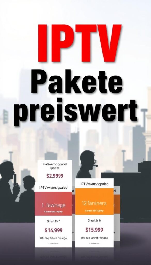 A vibrant and modern illustration showcasing IPTV Pakete preiswert. In the foreground, several IPTVANBIETERTV streaming packages are displayed prominently, their pricing and key features highlighted in a clean, minimalist style. The middle ground features silhouettes of various digital devices, including smartphones, tablets, and smart TVs, representing the diverse compatibility of the IPTV offerings. The background depicts a softly blurred cityscape, conveying a sense of urban connectivity and the idea of accessible, on-the-go entertainment. The lighting is bright and natural, creating a welcoming and inviting atmosphere. The overall tone is professional, sleek, and designed to emphasize the affordability and versatility of the IPTV Pakete preiswert.
