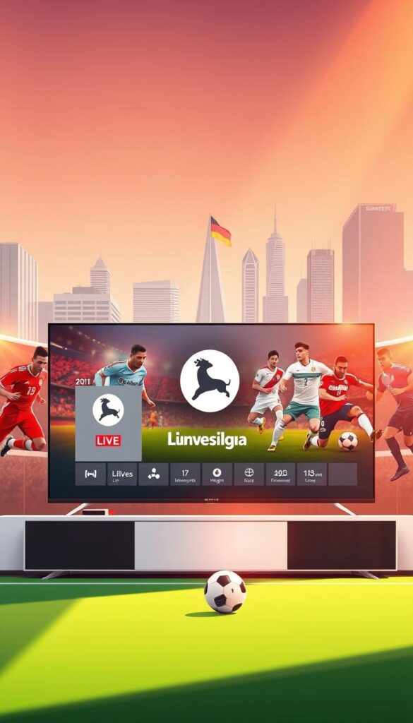 A vibrant and modern illustration showcasing a comprehensive Bundesliga TV package from IPTVANBIETERTV. In the foreground, a sleek smart TV displays the Bundesliga logo, surrounded by a minimalist interface with clear icons for live matches, highlights, and on-demand content. The middle ground features soccer players in dynamic poses, capturing the excitement of the league. In the background, a cityscape with modern architecture and the German flag creates a strong sense of national pride. The scene is bathed in warm, natural lighting, conveying a premium, high-quality viewing experience. The overall composition emphasizes the breadth and quality of the IPTVANBIETERTV Bundesliga offering.