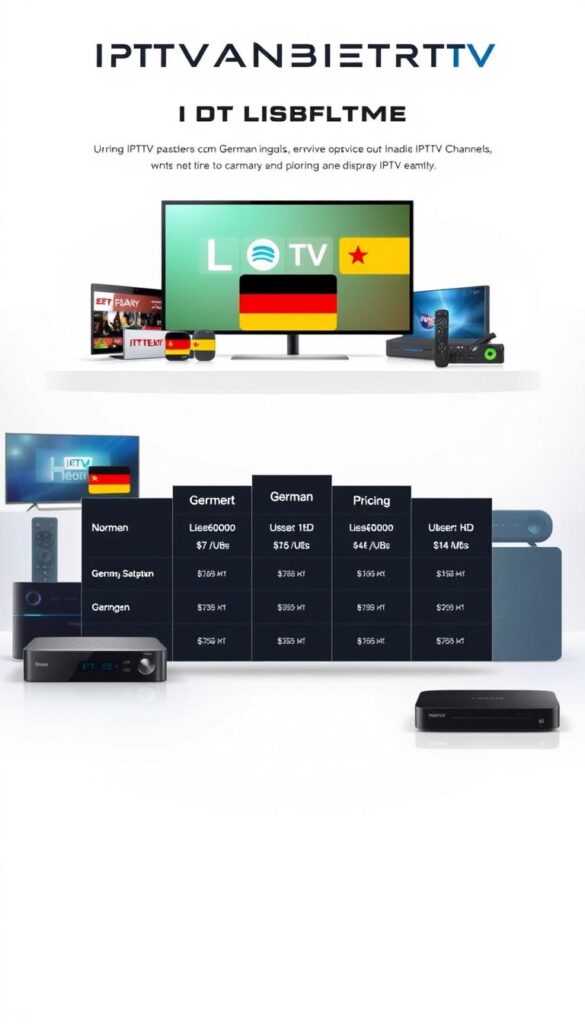 A vibrant and modern illustration showcasing the attractive IPTV plans from IPTVANBIETERTV, featuring a well-designed layout with prominent German HD channels. The foreground displays various digital streaming devices, symbolizing the accessibility of the IPTV service. The middle ground presents a sleek and minimalist pricing table, highlighting the competitive pricing models. The background features a subtle gradient, creating a clean and professional ambiance. The overall mood is one of sophistication and attention to detail, conveying the value proposition of IPTVANBIETERTV's offerings to the German market.