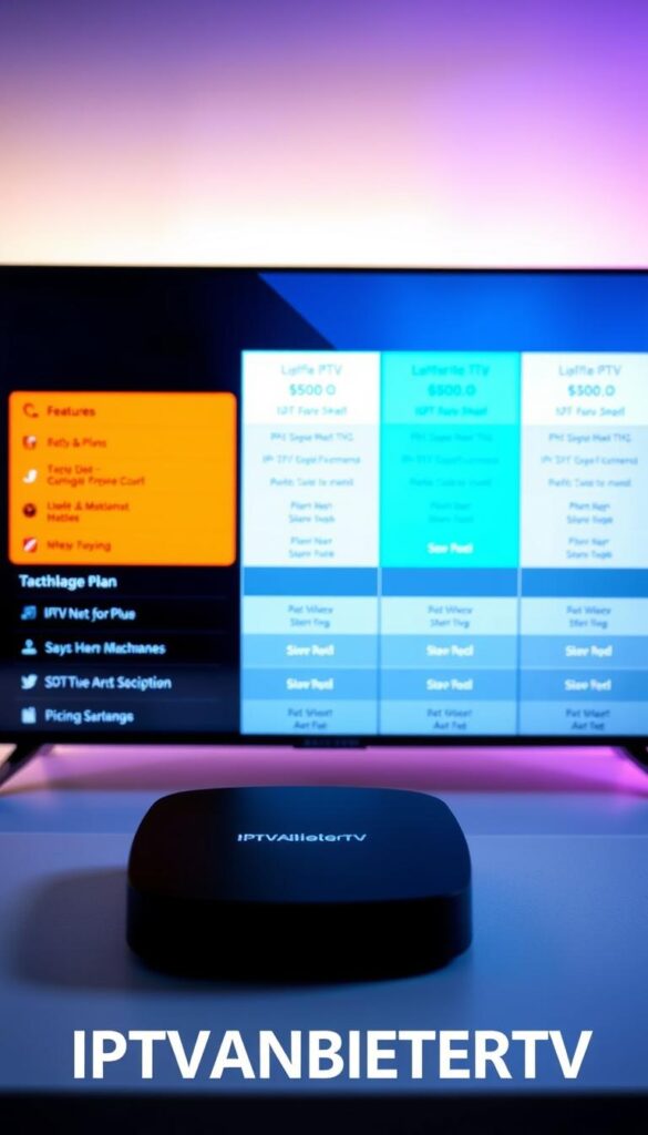 A vibrant and modern image showcasing the various IPTV subscription options offered by IPTVANBIETERTV. The foreground features a sleek and minimalist device, perhaps a smart TV or streaming box, prominently displaying the IPTVANBIETERTV logo. The middle ground showcases a range of subscription plans, each with clear pricing and feature information presented in a clean, easy-to-understand layout. The background provides a subtle, yet visually appealing gradient or pattern, creating a sense of depth and sophistication. The overall composition conveys a sense of professionalism, accessibility, and the versatility of IPTVANBIETERTV's IPTV services. Crisp lighting and a slightly angled camera angle add depth and visual interest to the scene.