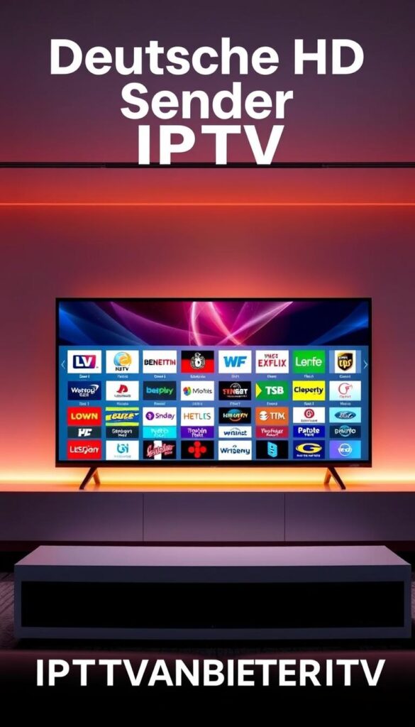 A vibrant and modern visual representation of "Deutsche HD Sender IPTV" by IPTVANBIETERTV. The image depicts a sleek, high-definition television screen showcasing a diverse array of German broadcast channels in stunning clarity. The screen is set against a minimalist, futuristic backdrop, with soft, warm lighting illuminating the scene. The overall composition conveys a sense of premium quality, technological advancement, and the ability to access a comprehensive selection of German HD channels through a specialized IPTV service provider. The image should effectively capture the essence of the article's subject and the specific section title, highlighting the benefits and importance of utilizing a specialized IPTV service for accessing top-tier German HD content.