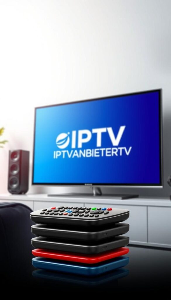A vibrant and sophisticated illustration of the "IPTV Abo Deutschland" offering from IPTVANBIETERTV. Set against a clean, modern backdrop, the image showcases a sleek, high-quality Smart TV displaying the IPTVANBIETERTV logo prominently. In the foreground, a stack of remote controls in various colors suggests the flexibility of accessing the service on multiple devices. Subtle lighting accentuates the premium materials and attention to detail, conveying a sense of reliability and quality. The overall composition exudes a professional, trustworthy, and technologically advanced atmosphere, reflecting the reliable IPTV service described in the article.
