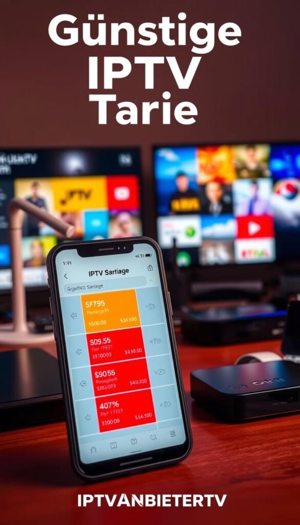 A vibrant and visually appealing image of "Günstige IPTV Tarife" showcasing the affordable IPTV service offerings of IPTVANBIETERTV. In the foreground, a sleek and modern smartphone displays various IPTV package options with clear pricing details. Behind it, a minimalist desktop setup with a laptop and a cable modem, symbolizing the accessibility and ease of use of the IPTV service. In the background, a colorful array of streaming devices such as smart TVs and set-top boxes, hinting at the wide range of compatibility and multi-device support. The overall scene is bathed in a warm, inviting lighting, conveying a sense of affordability, convenience, and reliability associated with the IPTVANBIETERTV brand.