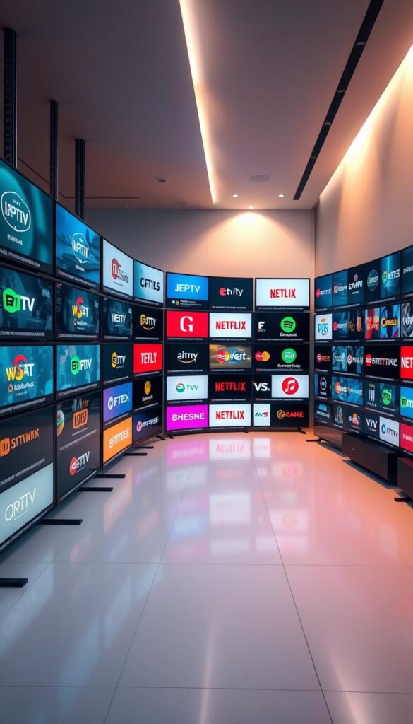 A vibrant and visually captivating depiction of the comprehensive channel offering from IPTVANBIETERTV. Situated in a sleek, modern setting, the image showcases a vast array of high-definition television channels, meticulously organized and presented against a minimalist backdrop. The channels are displayed on a series of high-resolution screens, their logos and branding prominently featured, creating a sense of depth and immersion. Soft, diffused lighting casts a warm, inviting glow, while the camera angle emphasizes the sheer scale and variety of the channel selection. The overall composition conveys a sense of professionalism, quality, and attention to detail that reflects the IPTVANBIETERTV brand's commitment to providing an exceptional IPTV experience.