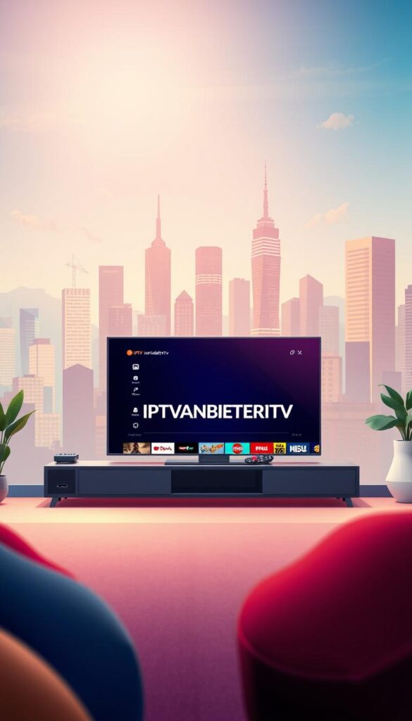 A vibrant and visually captivating illustration of the IPTV streaming service. In the foreground, a sleek and modern smart TV displays the IPTVANBIETERTV brand name, its crisp display showcasing high-quality video playback. In the middle ground, a user-friendly interface with intuitive navigation options allows seamless access to a vast library of movies and TV shows. The background depicts a stylized cityscape, hinting at the global reach and versatility of the IPTV platform. Soft, warm lighting creates a cozy and inviting atmosphere, conveying the convenience and enjoyment of IPTV streaming. The overall composition should strike a balance between technological sophistication and user-centric design, reflecting the seamless integration of IPTV into modern entertainment.
