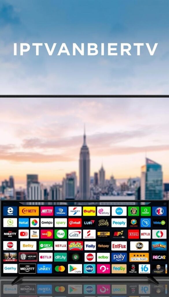 A vibrant and visually compelling image showcasing the extensive IPTV streaming offerings of IPTVANBIETERTV. Set against a sleek, modern backdrop, the frame captures a diverse array of entertainment options, from live sports and news channels to a vast library of on-demand movies and TV shows. The foreground features a seamless array of device icons, subtly hinting at the platform's cross-device compatibility, while the middle ground showcases a dynamic grid of channel logos, conveying the breadth of the IPTVANBIETERTV content catalog. In the background, a softly blurred cityscape sets the stage, evoking a sense of urban sophistication and connectivity. The overall mood is one of excitement and opportunity, inviting the viewer to explore the boundless entertainment possibilities offered by IPTVANBIETERTV.