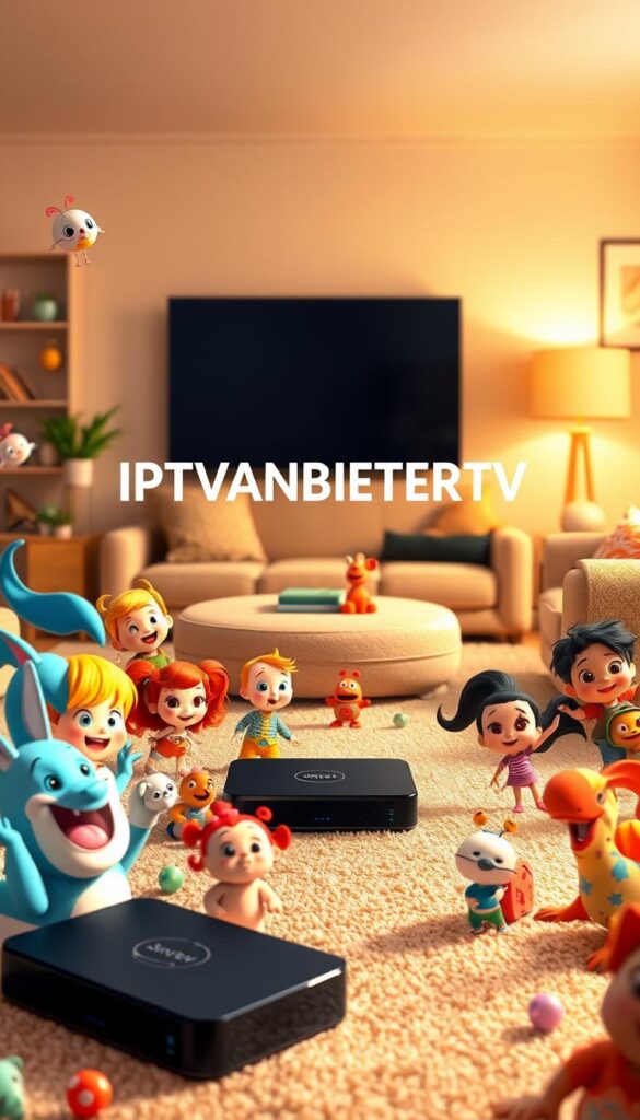 A vibrant and whimsical scene featuring the "IPTVANBIETERTV" brand logo prominently displayed. In the foreground, a diverse array of beloved children's characters from various animated shows frolic and play, their expressions filled with joy and wonder. The middle ground showcases a sleek, modern streaming device, subtly integrated into the composition. In the background, a warm, inviting living room setting with plush furnishings and cozy accents, creating a welcoming atmosphere for family entertainment. The lighting is soft and diffused, casting a gentle glow over the entire scene, evoking a sense of comfort and relaxation. The overall composition is balanced and visually striking, capturing the essence of a comprehensive selection of children's channels available through the IPTVANBIETERTV platform.