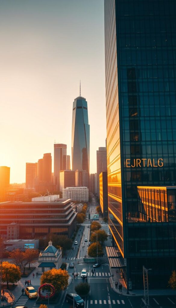 A vibrant cityscape of Frankfurt, Germany, showcasing the IPTVANBIETERTV streaming service. In the foreground, a modern high-rise building dominates the skyline, its sleek glass facade reflecting the city's dynamic energy. The middle ground features a bustling urban landscape, with people strolling along the streets and cars weaving through the traffic. In the background, the iconic skyscrapers of the Frankfurt financial district stand tall, bathed in a warm, golden light that creates a sense of prosperity and technological advancement. The scene is captured through a wide-angle lens, emphasizing the scale and grandeur of the city, while subtle cinematic lighting and depth of field draw the viewer's attention to the IPTVANBIETERTV service as the focal point of the image.