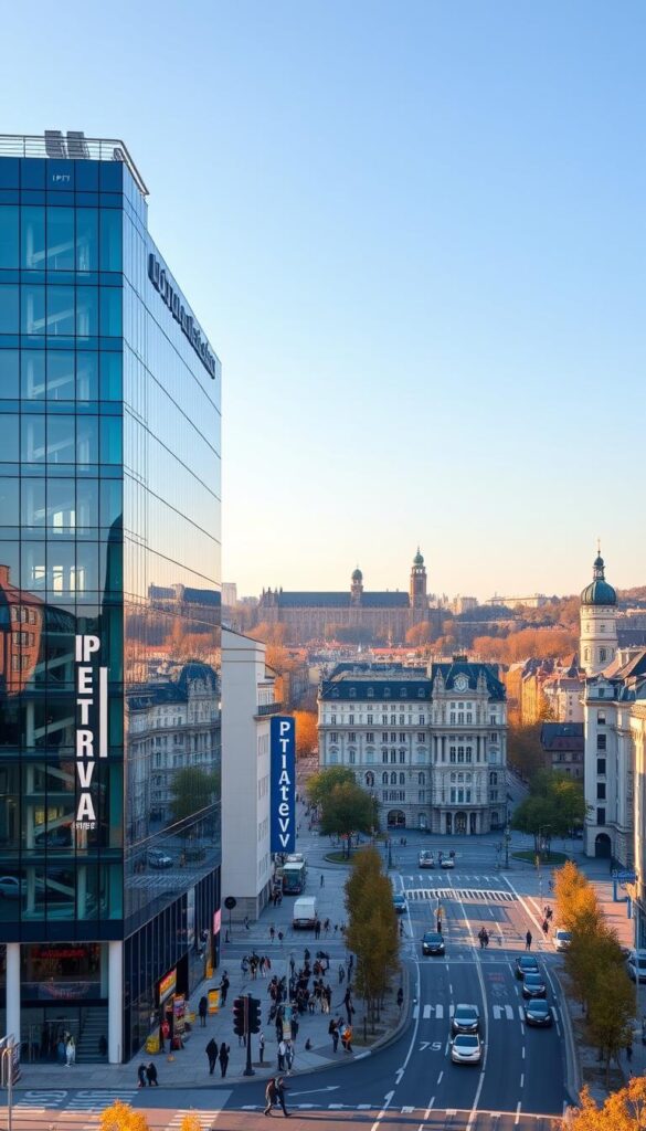 A vibrant cityscape showcasing the bustling hub of IPTV Deutschland Stuttgart. In the foreground, a sleek, modern office building with bold signage for "IPTVANBIETERTV" takes center stage, its glass facade reflecting the city's skyline. The middle ground features a lively street scene, with pedestrians and vehicles navigating the well-organized roads. In the background, the iconic landmarks of Stuttgart, such as the Neue Schloss and the Schlossplatz, create a picturesque backdrop, bathed in warm, golden afternoon light. The overall atmosphere conveys a sense of technological progress and local pride, capturing the essence of the IPTV market in this vibrant German city.