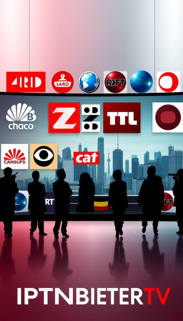 A vibrant collage of popular German TV channels, showcasing the diverse programming and entertainment options available to viewers. In the foreground, the iconic logos of channels like ARD, ZDF, RTL, and Sat.1 stand out against a sleek, modern backdrop. The middle ground features silhouettes of people enjoying various genres of content, from news and documentaries to drama and sports. In the background, a cityscape of skyscrapers and urban landmarks reflects the dynamic and cosmopolitan nature of the German media landscape. Subtle lighting and a cinematic color palette create a sense of depth and visual interest. The overall composition conveys the breadth and quality of the IPTVANBIETERTV offering, catering to a wide range of viewer preferences.