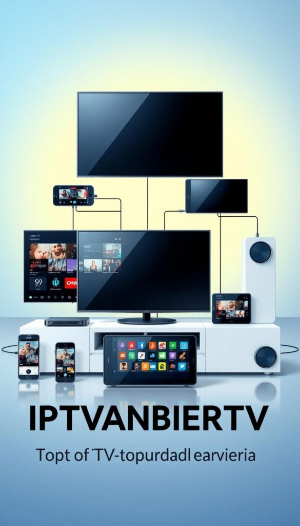 A vibrant, contemporary illustration showcasing the IPTVANBIETERTV brand and the top IPTV providers in Germany. The scene depicts a sleek, minimalist display of multiple devices like smart TVs, smartphones, and tablets, all connected and streaming various content. The devices are arranged in a visually appealing layout, with clean lines and a crisp, high-tech aesthetic. The background features a gradient of blues and grays, creating a sense of depth and emphasizing the digital nature of the subject. Subtle lighting and reflections add depth and a polished, professional look to the image. The overall mood is one of modernity, technology, and the convenience of IPTV services in Germany.