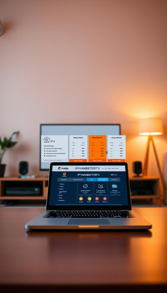 A vibrant, contemporary scene showcasing the IPTVANBIETERTV brand and its pricing and plan options. Set in a clean, minimalist interior with warm lighting, the frame captures a laptop or tablet displaying the IPTVANBIETERTV website, surrounded by neatly arranged price charts, graphs, and informative icons. The overall composition conveys a sense of clarity, professionalism, and user-friendliness, reflecting the subject's focus on transparency and accessible IPTV solutions.
