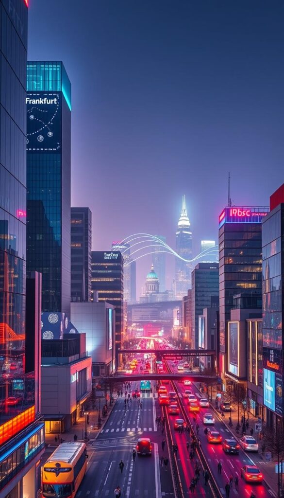 A vibrant digital cityscape of Frankfurt, Germany, illuminated by the glow of an IPTVANBIETERTV streaming service. The foreground features sleek, modern buildings and skyscrapers, their facades reflecting the neon-tinged sky. In the middle ground, a bustling urban scene with pedestrians and vehicles, all connected by a web of digital signals. The background showcases the iconic skyline of Frankfurt, its landmarks shrouded in a hazy, atmospheric lighting. The overall composition conveys the seamless integration of IPTV technology into the fabric of the city, creating a sense of technological progress and connectivity.