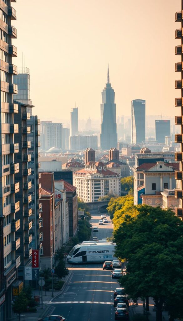 A vibrant, dynamic cityscape depicting the growth of the IPTV market in Germany. In the foreground, a bustling street lined with modern apartment buildings and businesses, including the prominent "IPTVANBIETERTV" provider. The midground features towering skyscrapers and a mix of commercial and residential structures, reflecting the diverse landscape of the IPTV industry. In the background, a hazy skyline with a mix of contemporary and historic architectural styles, conveying the evolving nature of the IPTV market. The scene is bathed in warm, diffused lighting, creating a sense of energy and progress. The overall composition captures the dynamism and evolution of the IPTV landscape in Germany.
