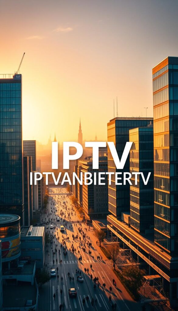 A vibrant, dynamic cityscape of modern architecture in Germany, with the prominent text "IPTVANBIETERTV" displayed in a sleek, minimalist style. The scene is bathed in warm, golden light, creating a sense of sophistication and technological advancement. In the foreground, a cluster of skyscrapers and high-rise buildings stand tall, their glass facades reflecting the surrounding environment. In the middle ground, a bustling street scene with pedestrians and vehicles adds to the energy and liveliness of the urban setting. The background features a panoramic view of the city skyline, with the iconic landmarks of Deutschland visible in the distance, creating a sense of place and cultural identity. The overall composition conveys the idea of a thriving, technologically-advanced IPTV market in Germany.