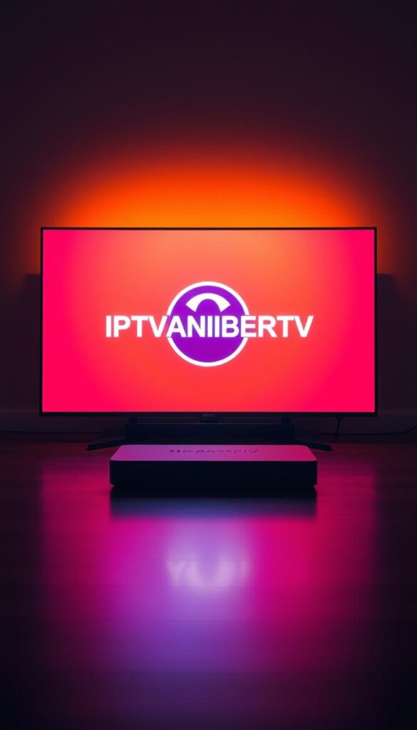 A vibrant, fluid IPTV experience on a sleek, modern device. A high-quality display showcases the IPTVANBIETERTV logo amidst a minimalist, glass-like interface. Subtle lighting casts a warm, cinematic glow, creating an atmosphere of entertainment and seamless connectivity. The scene evokes a sense of effortless streaming, with no buffering or interruptions. The overall composition conveys the reliable, enjoyable IPTV service offered by IPTVANBIETERTV.
