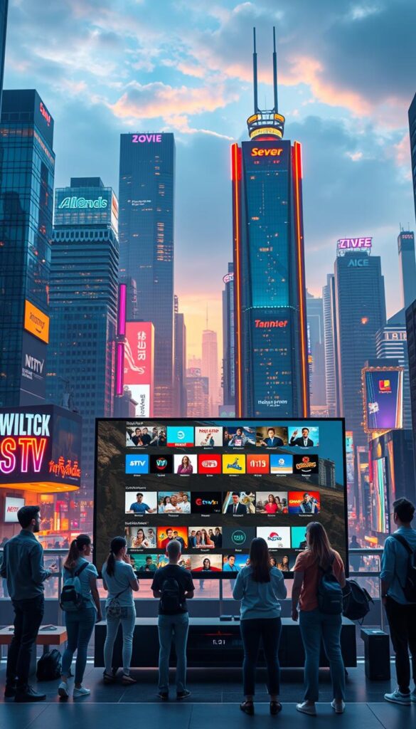 A vibrant, futuristic cityscape with towering skyscrapers, neon lights, and a bustling urban energy. In the foreground, a sleek, modern IPTVANBIETERTV set takes center stage, its screen displaying a diverse array of entertainment options. The middle ground features a group of people of various ages and backgrounds, each engrossed in their own IPTVANBIETERTV experience, showcasing the flexibility and convenience of the technology. In the background, a panoramic view of the city skyline, bathed in a warm, golden glow, symbolizing the advantages of IPTV over traditional TV offerings. The scene conveys a sense of innovation, connectivity, and the seamless integration of technology into everyday life.