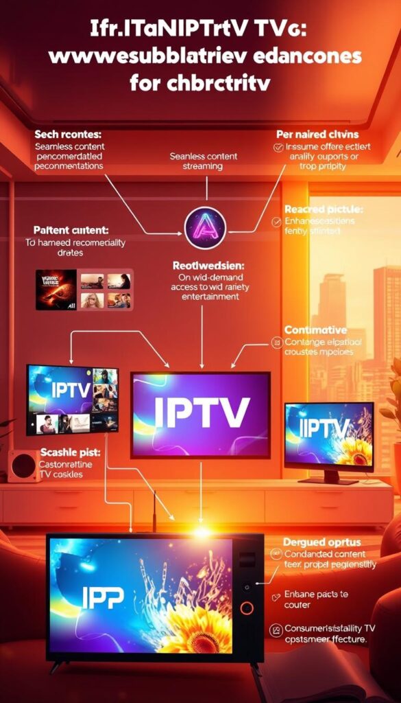 A vibrant, futuristic illustration of the advantages of IPTV over traditional TV services. Set in a modern, sleek environment, the image depicts various digital screens and devices showcasing the IPTVANBIETERTV brand and its innovative features. Highlights include seamless content streaming, personalized recommendations, and on-demand access to a wide variety of entertainment options. The scene is bathed in a warm, inviting light, creating a sense of technological advancement and consumer-centric experiences. In the foreground, a central focus point showcases the key benefits of IPTV, such as increased flexibility, enhanced picture quality, and cost-effectiveness. The background features a cityscape or domestic setting, hinting at the versatility and integration of IPTV into everyday life.