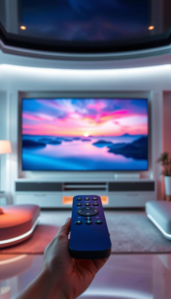 A vibrant, futuristic scene showcasing the power of IPTVANBIETERTV. A sleek, modern living room with a large, ultra-high-definition television screen dominating the center. The screen displays a serene landscape, with crisp, fluid movement and vivid colors, creating an immersive cinematic experience. Soft, ambient lighting bathes the room, complementing the advanced television technology. In the foreground, a minimalist, high-end remote control hovers, highlighting the seamless user interaction. The overall atmosphere conveys the effortless, lag-free streaming capabilities of IPTVANBIETERTV, delivering the ultimate in-home entertainment experience.