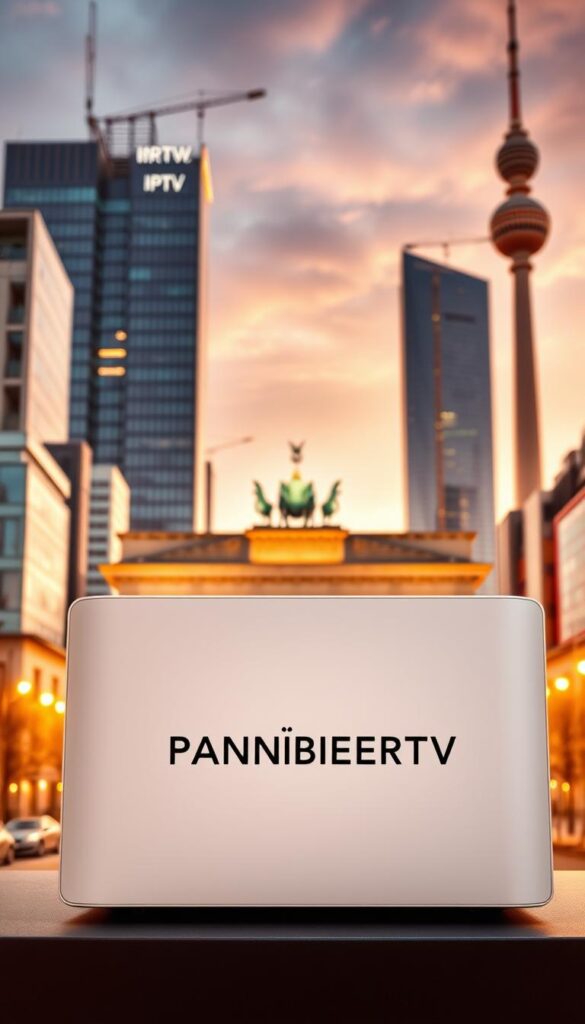 A vibrant, high-contrast cityscape of modern German architecture, with the distinctive silhouette of the Brandenburg Gate prominently featured in the background. In the foreground, a sleek, minimalist display device prominently displaying the brand name "IPTVANBIETERTV", evoking the concept of legal IPTV services in Germany. The scene is bathed in warm, golden lighting, creating a sense of legitimacy and professionalism. The composition is balanced, with the device occupying the center of the frame and the cityscape providing a dynamic, supporting backdrop. The overall mood is one of technological sophistication and legal compliance.