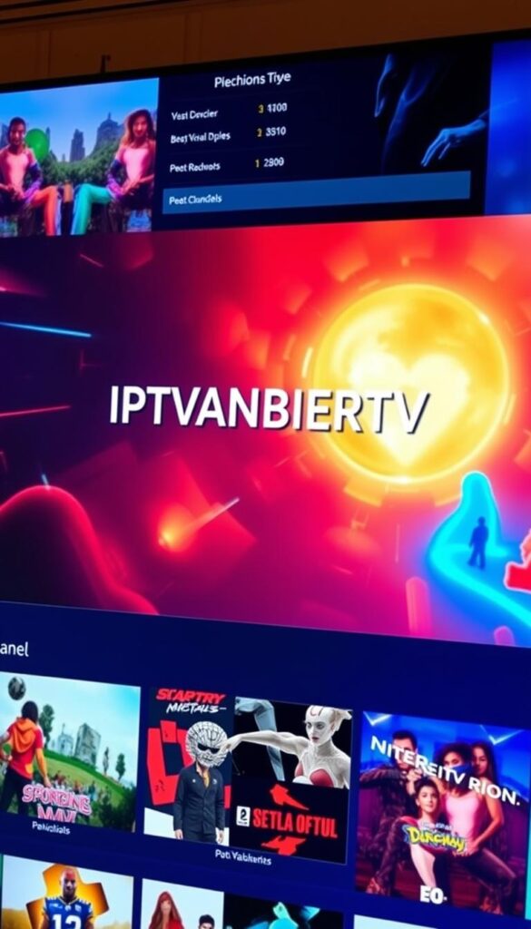 A vibrant, high-definition IPTV channel selection interface, showcasing a diverse array of content options. Sleek and intuitive navigation menus float above a captivating backdrop, featuring vivid graphics and bold color palettes. The IPTVANBIETERTV brand name stands out prominently, conveying a sense of premium quality and reliability. The overall scene is illuminated by warm, natural lighting, creating a visually striking and inviting user experience. The layout is clean and well-organized, with clear delineation between different content categories, allowing the viewer to easily browse and select their desired programming.