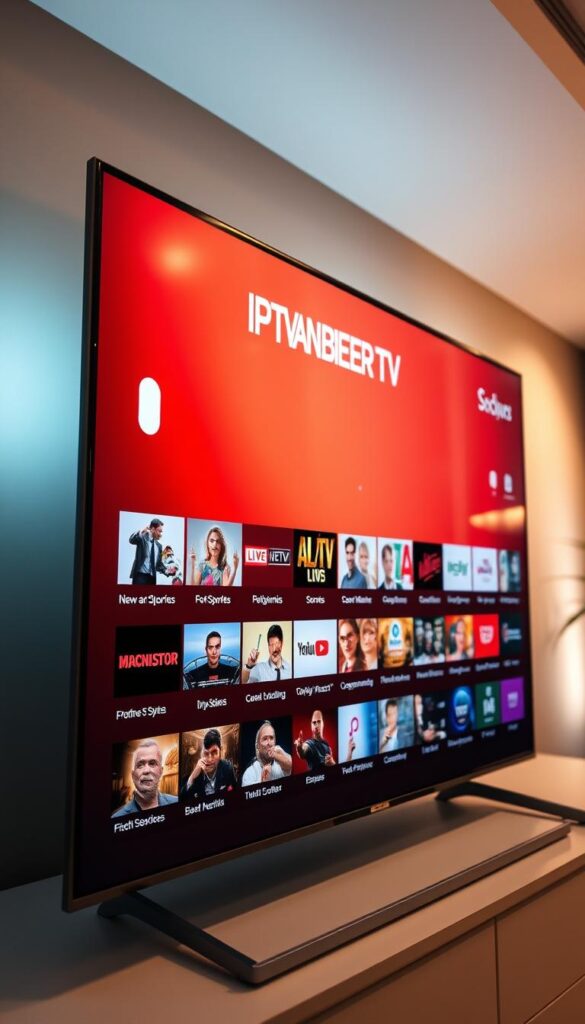 A vibrant, high-definition IPTV service offering a wide array of channels catering to diverse tastes. The scene depicts a sleek, modern TV display showcasing the IPTVANBIETERTV brand and an abundant selection of content genres, from news and sports to movies, documentaries, and entertainment. The screen is backlit with a soft, warm glow, creating a welcoming and immersive atmosphere. The layout is clean and visually appealing, inviting the viewer to explore the extensive IPTV senderangebot. Subtle depth-of-field blur in the background suggests a high-quality, professional video experience. The overall composition conveys a sense of quality, variety, and the promise of an exceptional IPTV service.