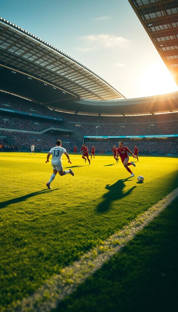 A vibrant, high-definition football broadcast, showcasing the pristine IPTVANBIETERTV experience. A wide, sweeping shot captures the lush, verdant pitch, bathed in warm, golden light. In the foreground, the players dart across the field, their movements crisp and fluid, every muscle and jersey detail captured with stunning clarity. The middle ground reveals the stadium's modern architecture, gleaming under the sun's rays, while the background is filled with the enthusiastic crowd, their faces animated with excitement. The overall atmosphere is one of immersion and cinematic grandeur, inviting the viewer to feel as if they are truly present at the match.