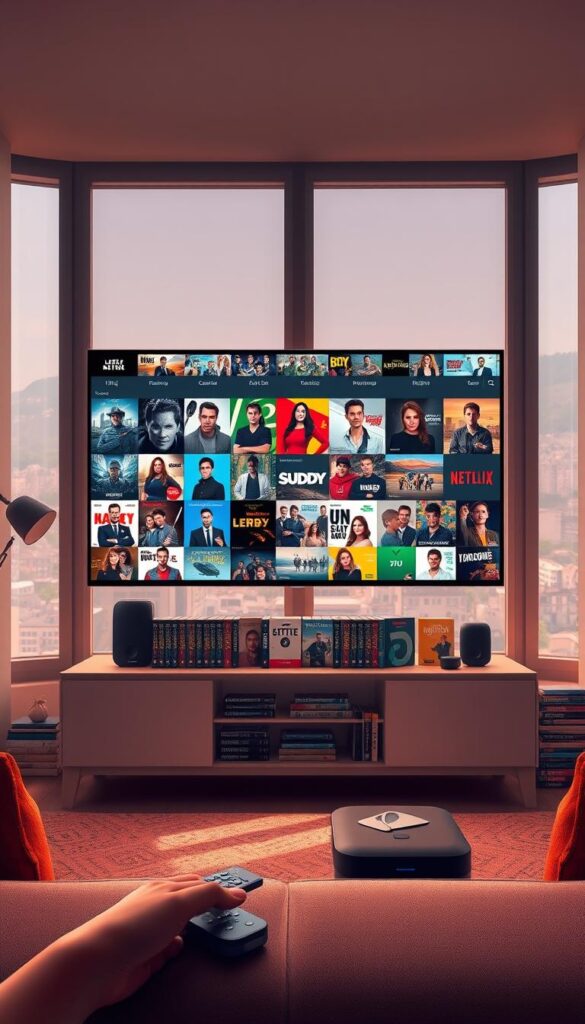 A vibrant, high-definition illustration of the extensive German TV series streaming selection offered by IPTVANBIETERTV. A cozy living room setting, with a modern, minimalist TV stand showcasing a wide variety of popular German shows on the screen. Soft, natural lighting filters in through large windows, creating a warm and inviting atmosphere. In the foreground, a sleek remote control and a stylish smart home device hint at the seamless streaming experience. The middle ground features shelves laden with an array of German TV series box sets, reflecting the breadth of content available. The background depicts a cityscape through the windows, suggesting the global reach of IPTVANBIETERTV's services. The overall scene conveys the convenience, quality, and variety of German TV series that can be accessed through the IPTVANBIETERTV platform.