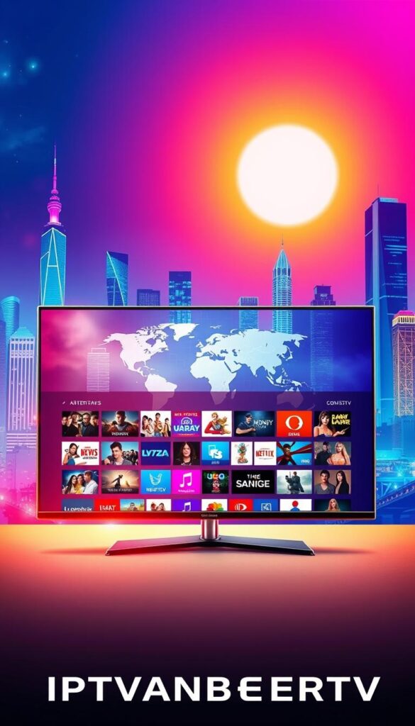 A vibrant, high-definition illustration showcasing the diverse IPTV channel offering of IPTVANBIETERTV. In the foreground, a sleek, modern television displays a dynamic array of program thumbnails, representing the breadth of entertainment options available. The middle ground features a stylized global map, symbolizing the international reach of the IPTV service. In the background, a vibrant cityscape with towering skyscrapers and neon lights sets the stage, conveying a sense of technological sophistication and urban modernity. The scene is bathed in a warm, inviting glow, creating a visually stunning and alluring representation of the IPTVANBIETERTV's comprehensive IPTV senderangebot.