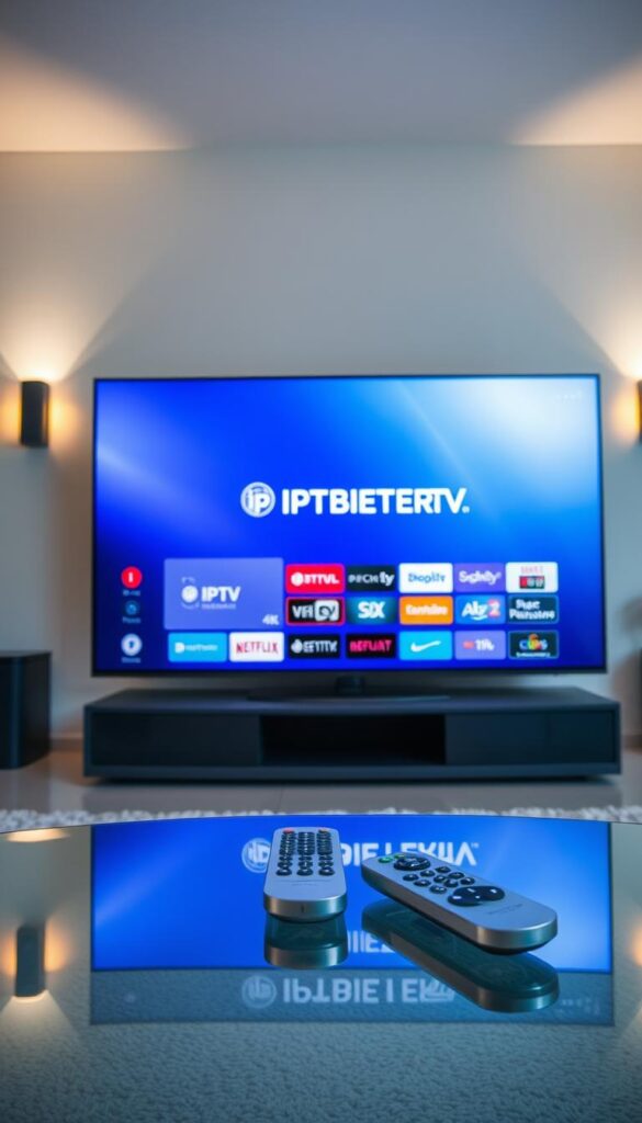 A vibrant, high-definition image of "IPTV Deutschland" showcasing the future of television. Set in a modern, minimalist living room, a 4K OLED TV dominates the frame, displaying a crisp, high-contrast user interface with the IPTVANBIETERTV brand prominently featured. Soft, indirect lighting from wall-mounted sconces creates a warm, inviting atmosphere. In the foreground, a sleek, silver remote control sits atop a glass coffee table, highlighting the seamless integration of IPTV technology. The overall scene conveys a sense of effortless, cutting-edge entertainment, perfectly capturing the revolutionary potential of IPTV in transforming the German television landscape.