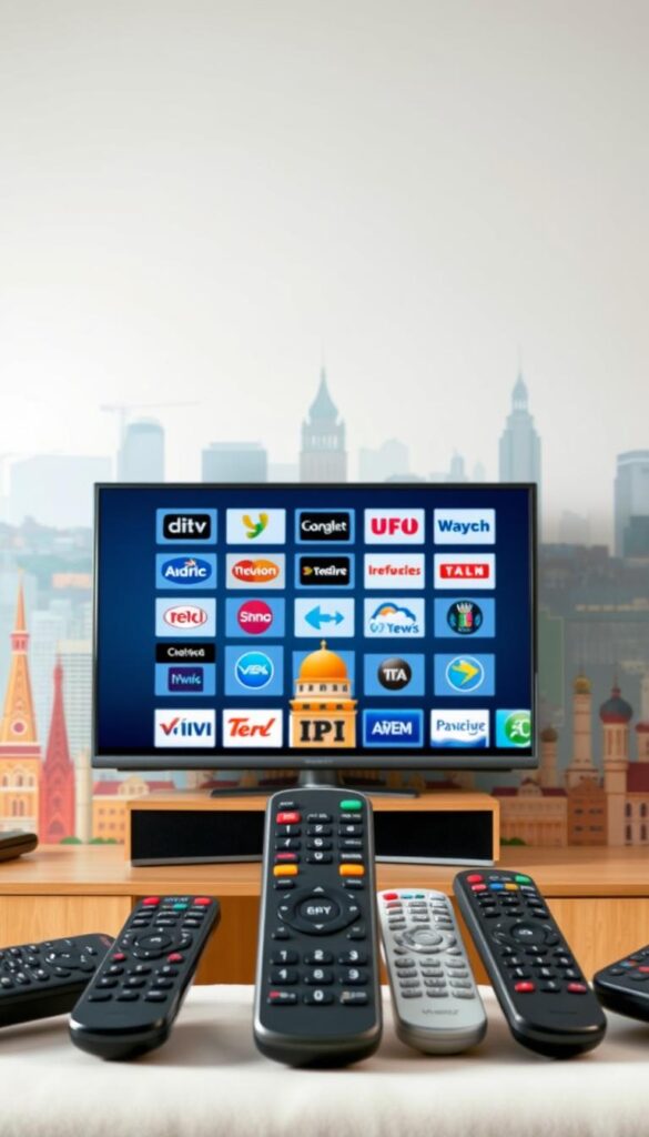 A vibrant, high-definition image showcasing the diverse channel offerings of IPTVANBIETERTV in Deutschland. The foreground features a sleek, modern television set displaying an array of channel logos, reflecting the comprehensive programming available. The middle ground showcases various remote controls, symbolizing the ease of access and control for the viewer. The background depicts a stylized cityscape of Deutschland, with iconic landmarks and a warm, inviting color palette, evoking a sense of national pride and the accessibility of IPTV technology across the country. The overall composition conveys the breadth and quality of the IPTVANBIETERTV service, catering to the diverse entertainment needs of its German audience.