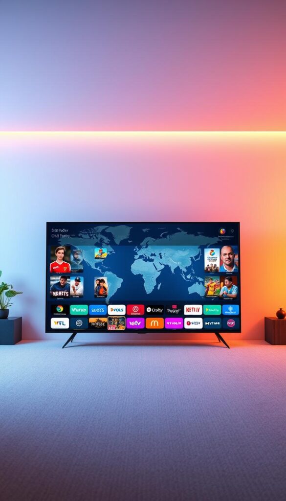 A vibrant, high-definition rendering of the IPTV Senderangebot from IPTVANBIETERTV. In the foreground, a sleek and modern HDTV display showcases a diverse array of channels, from news and sports to movies and entertainment. The middle ground features a stylized world map, highlighting the global reach of the IPTV service. In the background, a soft, gradient-based backdrop sets a sophisticated and immersive tone. The lighting is warm and inviting, drawing the viewer's attention to the captivating display of channels. The overall composition conveys a sense of quality, reliability, and the promise of a truly exceptional television viewing experience.