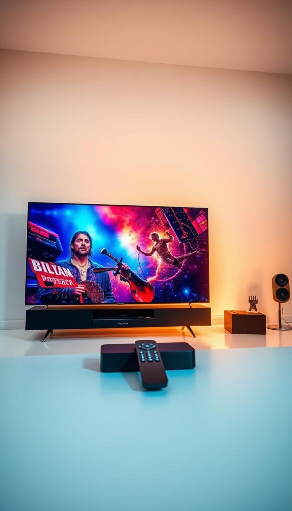 A vibrant, high-quality IPTV streaming experience set against a modern, minimalist backdrop. In the foreground, a sleek, high-definition display showcases rich, color-accurate video playback, capturing the essence of IPTVANBIETERTV's premium service. The middle ground features a contemporary media center setup, with a stylish remote control and other streaming accessories. The background is a softly lit, clean white space, creating a sense of refinement and attention to detail. Lighting is warm and natural, conveying a sense of comfort and professionalism. The overall mood is one of technological sophistication and visual clarity, reflecting the quality and reliability of the IPTV offering.