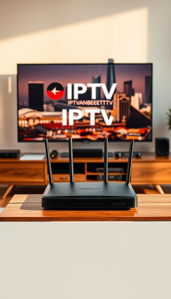 A vibrant, high-quality image of "IPTV Deutschland Frankfurt" showcasing the technical requirements for an optimal IPTV experience. The scene depicts a modern living room with a large 4K TV displaying the IPTVANBIETERTV brand logo. Warm, natural lighting illuminates the room, creating a cozy and inviting atmosphere. In the foreground, a sleek router and modem sit on a minimalist wooden TV stand, symbolizing the necessary network infrastructure. The middle ground features a comfortable couch and various home entertainment devices, highlighting the versatility of the IPTV setup. The background showcases a cityscape of Frankfurt, Germany, with its iconic skyscrapers and landmarks, representing the local IPTV service. The overall composition conveys a sense of technological sophistication and seamless integration of IPTV into the modern home.