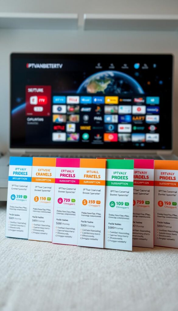 A vibrant, high-quality image of various IPTV subscription models offered by IPTVANBIETERTV. In the foreground, display a lineup of attractively designed subscription packages, each with clear pricing details and feature icons. In the middle ground, show a laptop or mobile device displaying the IPTVANBIETERTV user interface, showcasing the extensive channel selection and intuitive navigation. In the background, incorporate subtle digital elements like network visualizations or satellite imagery to convey the global reach and connectivity of the IPTV service. Use a clean, modern aesthetic with soft lighting and a color palette that evokes professionalism and reliability.