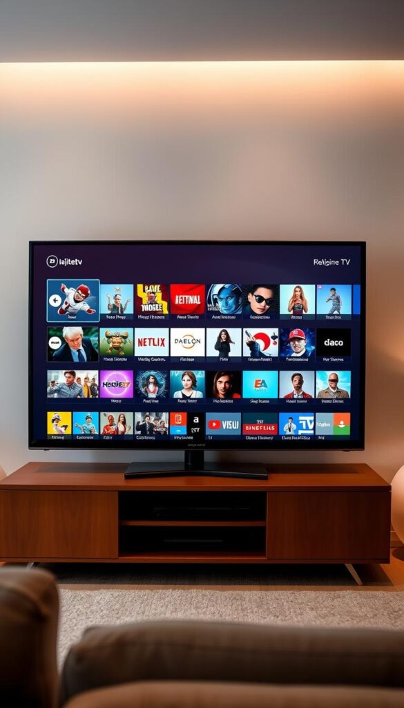 A vibrant, high-quality smart TV display showcasing the extensive channel offering of IPTVANBIETERTV. A sleek, modern TV set takes center stage, its screen depicting a diverse array of live TV channels and on-demand content. The UI design is clean and intuitive, with clear categorization and intuitive navigation. The background features a minimalist, yet stylish living room setting, with neutral tones and subtle lighting to create a cozy, inviting atmosphere. The TV's interface is displayed in German, highlighting the service's focus on the German market. The overall impression conveys the comprehensive, user-friendly IPTV experience provided by IPTVANBIETERTV for smart TV users.
