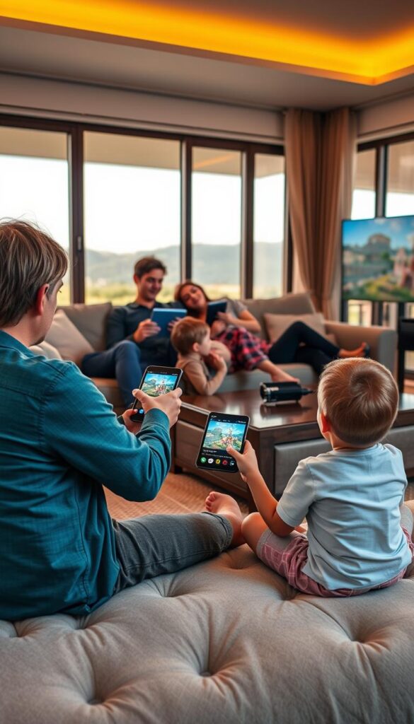 A vibrant, high-resolution image of people using IPTV on their smartphones and tablets. The scene depicts a cozy living room with a large sofa and a coffee table, where a family is gathered, immersed in their devices, enjoying the crisp 4K IPTV content from IPTVANBIETERTV. The middle ground shows a couple reclining on the sofa, their tablets in hand, while in the foreground, a child sits cross-legged on the floor, their smartphone propped up on a cushion. The background features a large window with a scenic view, bathing the room in warm, natural lighting. The overall atmosphere is one of relaxation and entertainment, showcasing the versatility and convenience of IPTV on multiple devices.