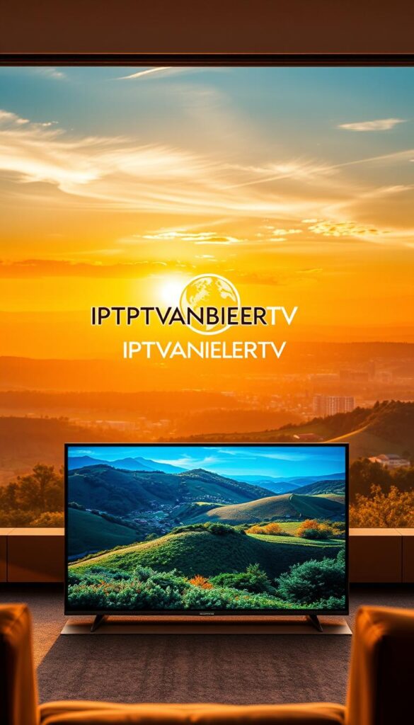 A vibrant, high-resolution image showcasing the boundless entertainment of IPTVANBIETERTV in Deutschland NRW. In the foreground, a sleek, modern television set displays a vibrant, cinematic landscape, immersing the viewer in a world of limitless content. In the middle ground, a stylized IPTVANBIETERTV logo stands as a testament to the service's reliability and quality. The background features a panoramic view of the lush, rolling hills and serene cityscapes of North Rhine-Westphalia, bathed in warm, golden lighting that conveys a sense of comfort and relaxation. The overall composition evokes a feeling of boundless possibilities and the joy of uninterrupted entertainment.