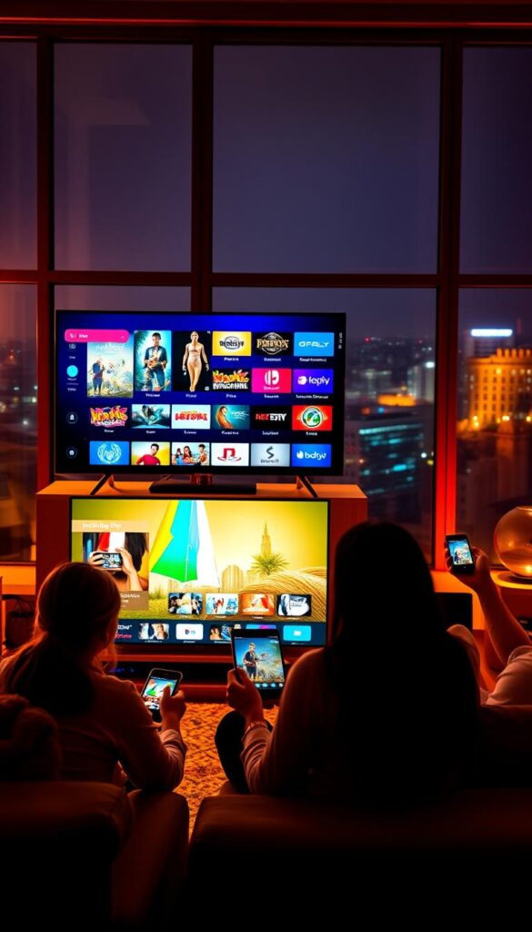 A vibrant living room scene, illuminated by warm ambient lighting. In the foreground, an Android TV displays the IPTVANBIETERTV interface, showcasing a diverse array of content. In the middle ground, a family gathers around, each person engaged with a different device - a tablet, a smartphone, and a laptop - all seamlessly accessing the same IPTV service. The background features large windows, offering a glimpse of a cityscape outside, suggesting the ability to enjoy IPTV on the go. The overall atmosphere conveys a sense of connectivity, convenience, and the freedom to access entertainment across multiple devices simultaneously.