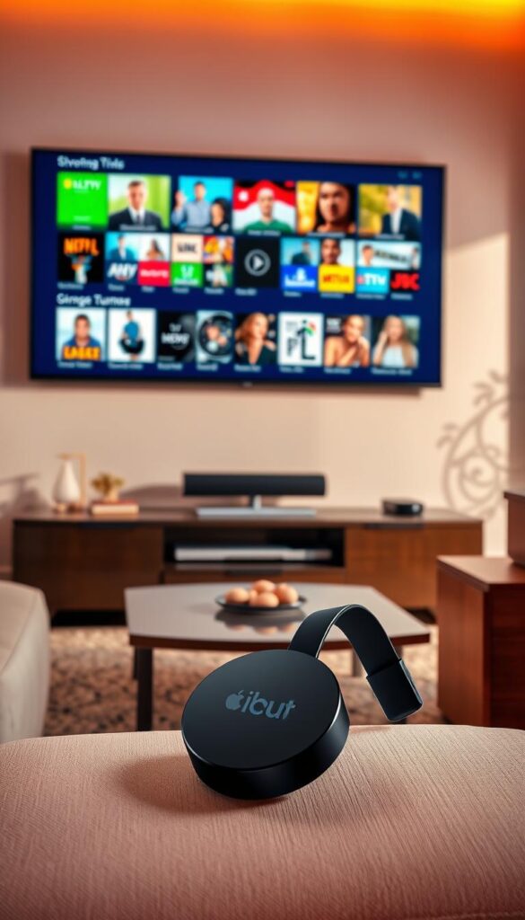 A vibrant, modern living room with a large flatscreen TV mounted on the wall. In the foreground, a sleek, black Chromecast device is prominently displayed, seamlessly integrated into the entertainment setup. The room is bathed in warm, natural lighting, creating a cozy and inviting atmosphere. On the TV screen, a diverse array of streaming content is showcased, highlighting the capabilities of the IPTVANBIETERTV IPTV service. The overall scene conveys the convenience, entertainment, and technological advancements of an IPTV subscription for a Chromecast user.