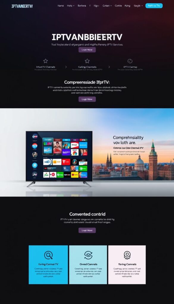 A vibrant, modern website interface showcasing the comprehensive IPTV service offerings of IPTVANBIETERTV. The homepage features an elegant hero section with a sleek, high-resolution image of a smart TV displaying a diverse range of live TV channels and on-demand content, all against a backdrop of a stylish, minimalist German cityscape. The overall layout and design convey a sense of professionalism, legality, and attention to detail, reflecting the reliable and trustworthy nature of IPTVANBIETERTV's IPTV services in Germany.