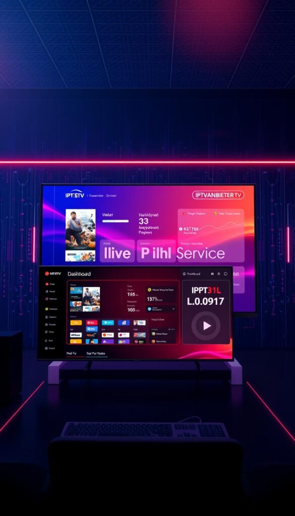 A vibrant, seamless image of a modern IPTV platform with a responsive real-time service monitoring system. In the foreground, a sleek, minimalist user interface showcases the IPTVANBIETERTV brand, inviting users to effortlessly navigate live TV channels, on-demand content, and personalized recommendations. The middle ground depicts a dynamic dashboard, meticulously designed to provide real-time status updates, service health indicators, and alerts, all presented in a clean, data-driven layout. The background immerses the viewer in a futuristic, high-tech environment, with a subtle grid-like pattern and subtle lighting effects that convey a sense of advanced, reliable technology. The overall atmosphere is one of sophistication, efficiency, and a commitment to delivering a superior IPTV experience.