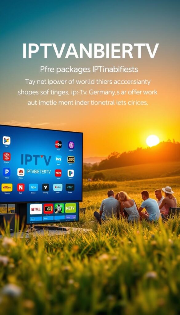 A vibrant summer landscape showcasing an array of affordable IPTV packages, presented in a sleek and modern design. In the foreground, a large screen displays the IPTVANBIETERTV brand logo, surrounded by colorful icons and graphics. The middle ground features a group of people gathered around, engaged in lively conversation and enjoying the diverse IPTV content on their devices. In the background, a warm, golden sunset casts a serene glow, creating a cozy and inviting atmosphere. The overall composition conveys a sense of discovery, exploration, and the convenience of accessing a world of entertainment through IPTV in Germany.