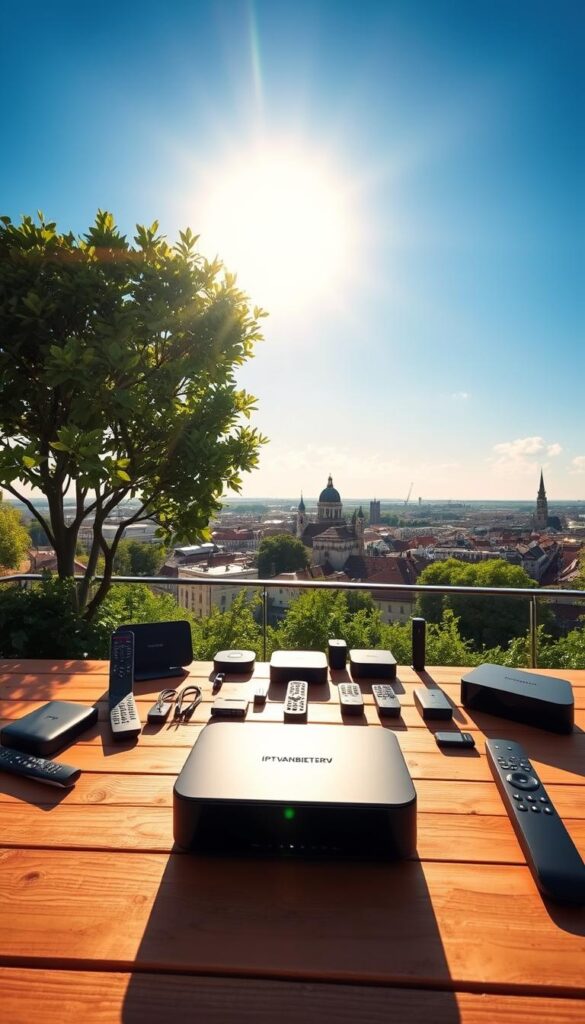 A vibrant, sun-drenched summer scene showcasing the latest IPTV Deutschland Sommerangebote. In the foreground, a sleek, modern IPTVANBIETERTV device sits atop a minimalist wooden table, surrounded by lush greenery and a radiant blue sky. The middle ground features a collection of various streaming devices, remote controls, and accessories, all in a harmonious color palette. In the background, a panoramic view of a bustling German cityscape, with iconic landmarks and a warm, golden hue bathing the scene. The overall composition conveys a sense of technological innovation, summer relaxation, and the versatility of IPTV Deutschland's Sommerangebote.