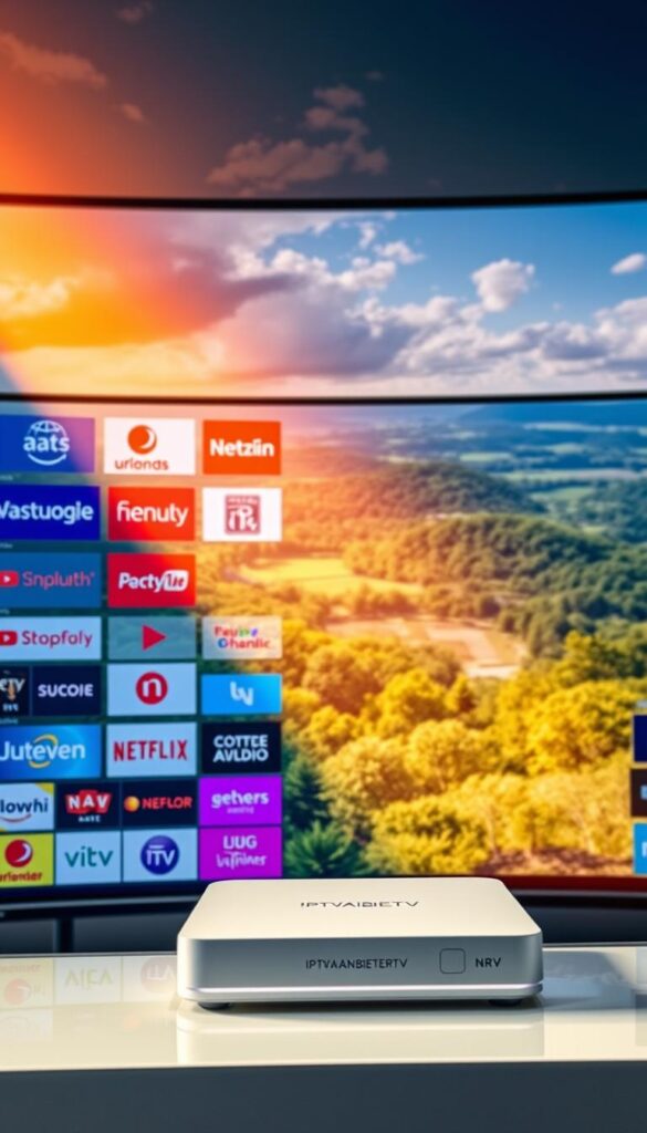 A vibrant, visually stunning scene showcasing the comprehensive IPTV Angebot NRW. In the foreground, an array of diverse television channels and streaming services, each represented by their distinct logos, arranged in a dynamic, eye-catching display. The middle ground features a sleek, modern IPTVANBIETERTV set-top box, its sleek design and intuitive interface highlighting the seamless integration of the IPTV service. In the background, a panoramic view of the lush, verdant landscapes of North Rhine-Westphalia, conveying a sense of the regional nature of the offering. The lighting is warm and inviting, creating a welcoming and premium atmosphere, while the camera angle provides a wide, sweeping perspective to emphasize the breadth and depth of the IPTV Angebot NRW.