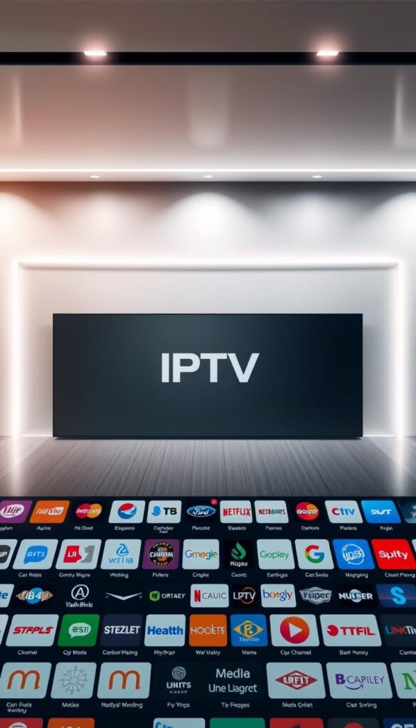 A visually captivating IPTV program guide, showcasing a diverse array of channels against a sleek, modern backdrop. In the foreground, a grid-like layout of channel logos and names, meticulously arranged to convey the extensive selection. The middle ground features a subtle gradient or textured pattern, lending depth and sophistication. In the background, a minimalist, high-contrast scene with clean lines and geometric shapes, creating a sense of digital elegance. Lighting is soft and diffused, casting a warm, inviting glow. The overall aesthetic is one of professionalism and technological prowess, befitting the IPTVANBIETERTV brand.