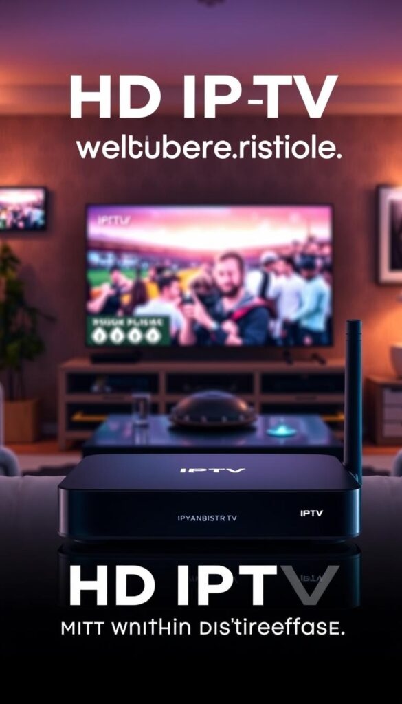 A visually striking HD IPTV service without buffering, showcasing the IPTVANBIETERTV brand. A sleek, modern device in the foreground, surrounded by a seamless, high-quality video feed displayed on multiple screens in the middle ground. The background depicts a cozy living room setting, bathed in warm, inviting lighting that enhances the sense of uninterrupted entertainment. The composition emphasizes the ease and convenience of the IPTV service, capturing the essence of an immersive, buffer-free viewing experience.