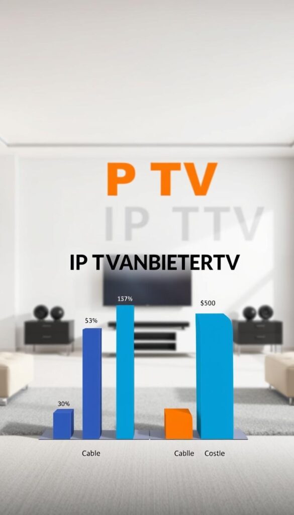 A visually striking and detailed illustration showcasing the cost comparison between IPTV and cable television. In the foreground, an IPTVANBIETERTV logo floats against a backdrop of stacked bar graphs representing the relative expenses of the two services. The middle ground features a clean, minimalist interior design with a sleek, mounted TV and contemporary furniture. The background blends a soft, diffused light with muted architectural elements, creating a sense of balance and sophistication. The overall composition conveys a modern, data-driven approach to evaluating the financial implications of choosing between IPTV and cable television options.