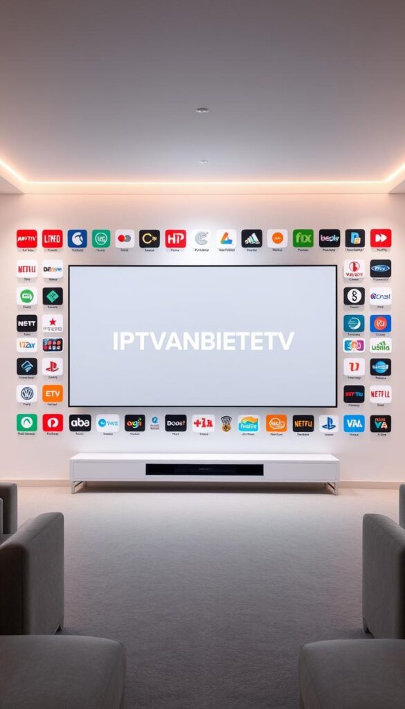 A visually striking and immersive scene of an expansive IPTV service offering, showcased in a contemporary and minimalist design. Set against a soft, diffused lighting, the central focus is a sleek, borderless display presenting the IPTVANBIETERTV brand name in a clean, modern typography. Surrounding the display, a carefully curated selection of popular TV channel logos and icons are elegantly arranged, hinting at the breadth and depth of the service's programming. The overall composition evokes a sense of sophistication, accessibility, and the promise of an uninterrupted, high-quality entertainment experience, all within a visually harmonious and distraction-free environment.